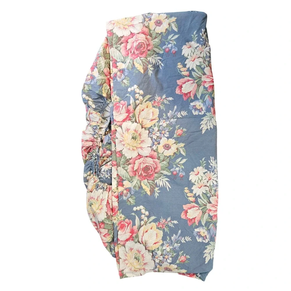 RALPH LAUREN USA Kimberly Floral Blue Cotton Roses Queen Fitted Sheet Vintage